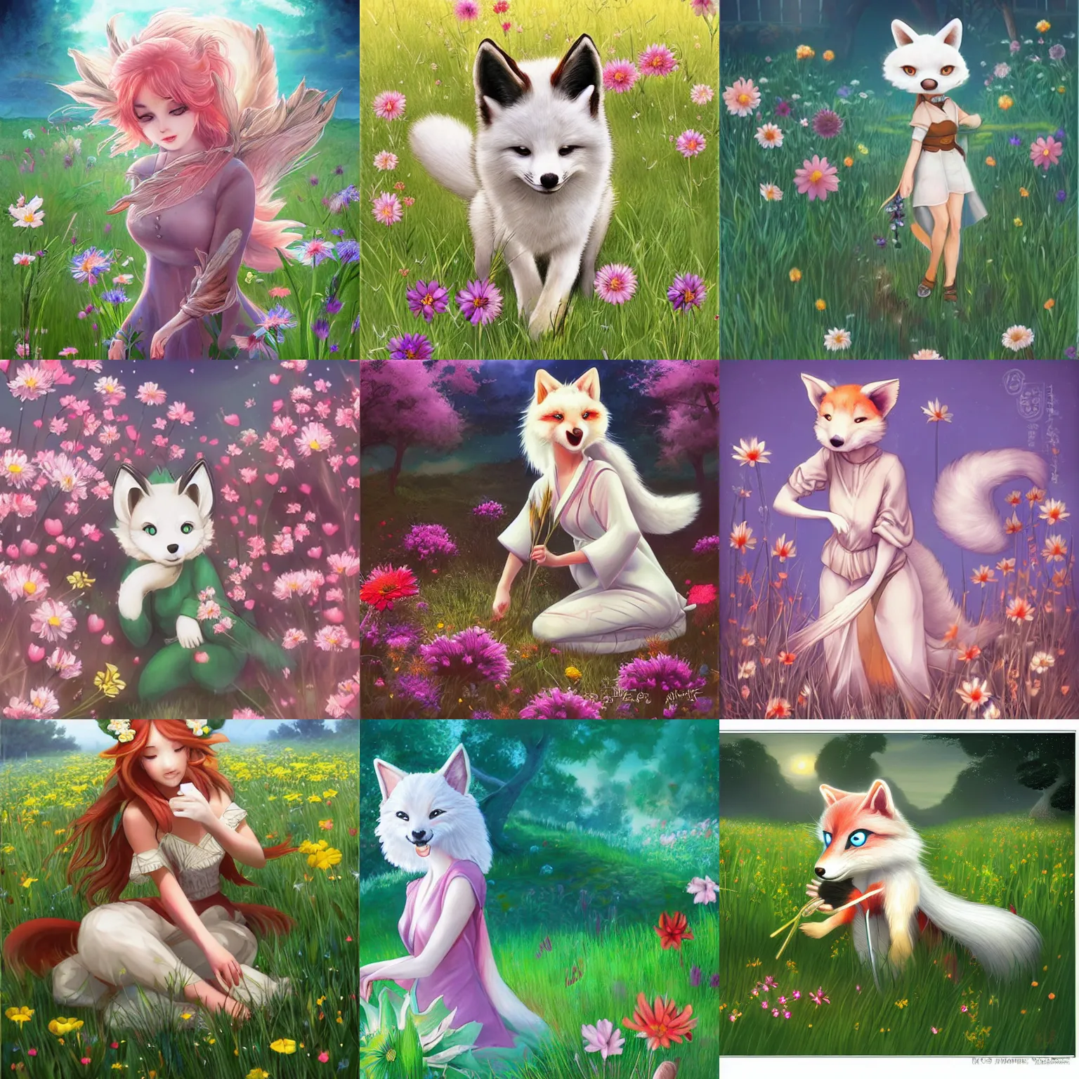 Prompt: Cute kitsune picking flowers in a meadow, Artgerm