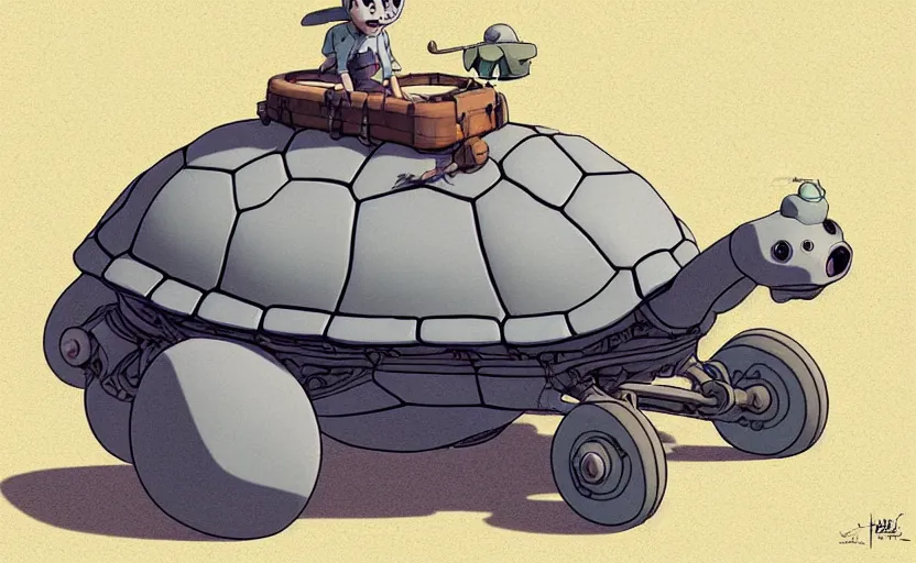 Image similar to a study of cell shaded cartoon of a grey mechanized turtle from howl's moving castle ( 2 0 0 4 ) on a desert road, full body, wide shot, muted colors, post grunge, studio ghibli, laurie greasley, highly detailed, deviantart, art by artgem