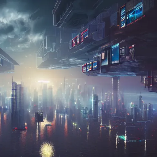 Image similar to a floating cyberpunk city in the clouds, dramatic lighting, photorealistic