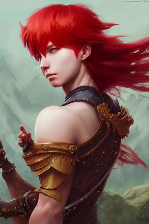 Image similar to fairy prince, red hair, highly detailed, d & d, fantasy, highly detailed, digital painting, trending on artstation, concept art, sharp focus, illustration, art by artgerm and greg rutkowski and fuji choko and viktoria gavrilenko and hoang lap