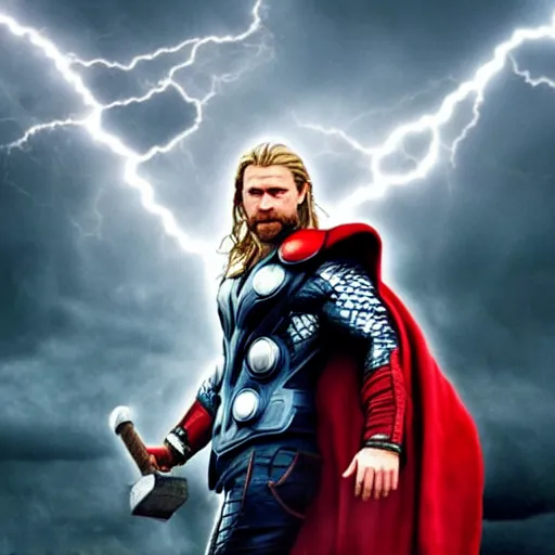 Prompt: thor with dog's head, holding a hammer, cinematic thunder background