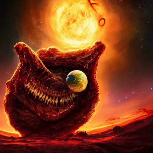 Prompt: one eldritch horror bloody garfield in space, galaxy, hd, 8 k, explosions, giant, epic, realistic photo, unreal engine, stars, prophecy, powerful, cinematic lighting, destroyed planet, debris, violent, sinister, ray tracing, dynamic, print, epic composition, dark, horrific, teeth