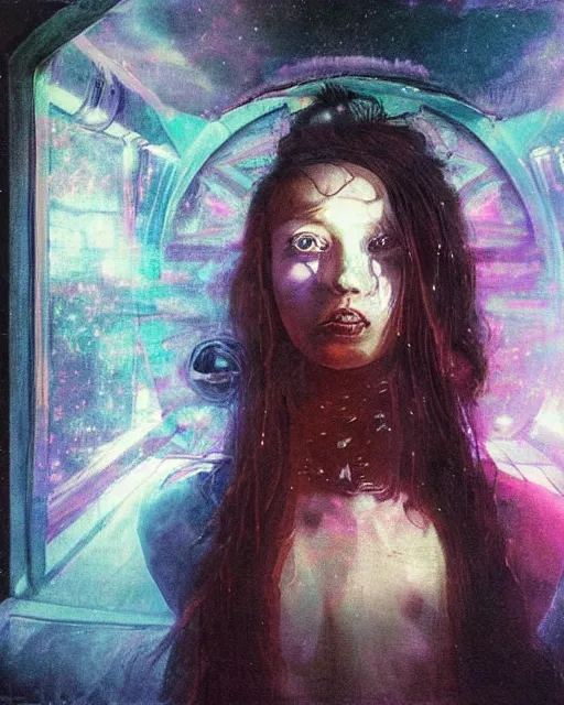 Prompt: a beautiful and eerie baroque painting of a gorgeous young woman in dead space, with wild hair and haunted eyes, 1 9 7 0 s, space station, neon light, delicate ex embellishments, painterly