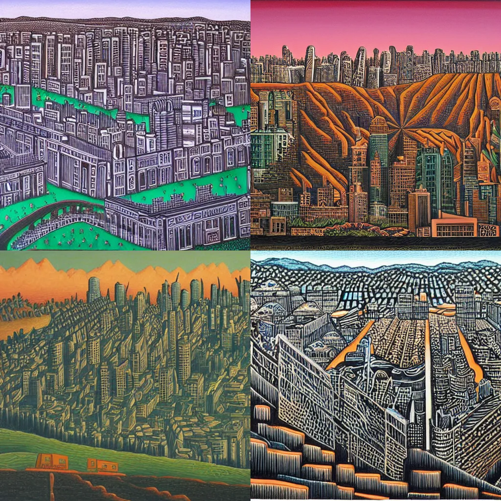 Prompt: the city on the hill, painting by roger brown