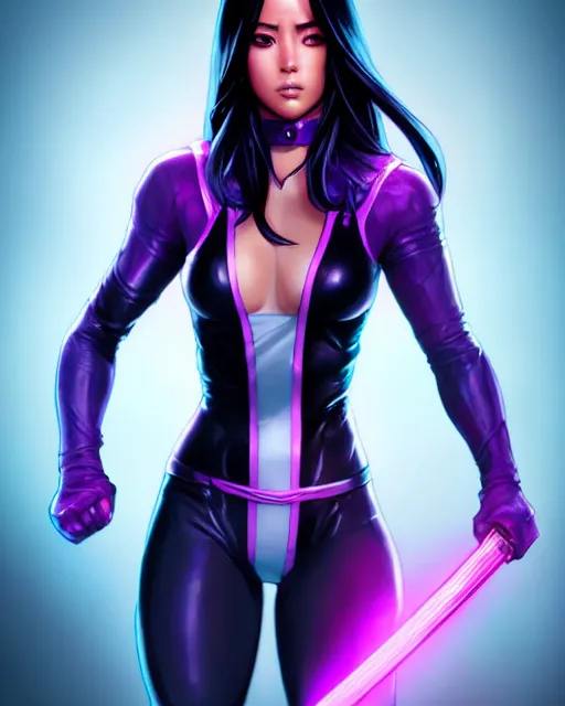 Image similar to Psylocke, Chloe Bennet, long black hair, purple energy sword attached to hand, realistic character concept, action pose, comic book, illustration, slender symmetrical face and body, artstation, cinematic lighting, hyperdetailed, artgerm, 8k, Rafeal Albuquerque comic book art, single face, insanely detailed and intricate, beautiful