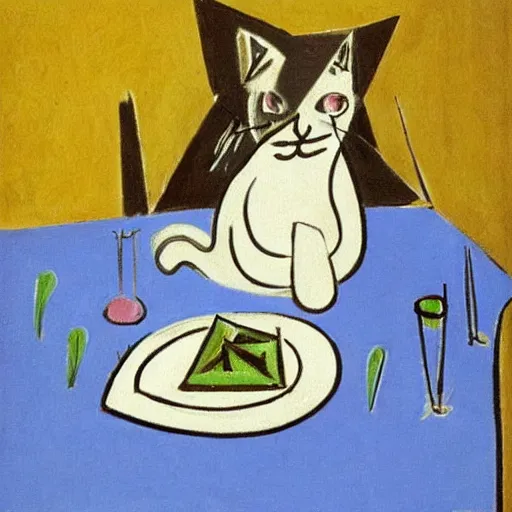 Prompt: upset cat sitting at table with salad, drawn by pablo picasso, painting