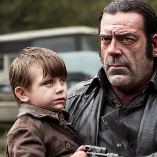 Prompt: cinematic still from the walking dead tv show with negan played by anton chigurh, smirking and holding lucile, dark