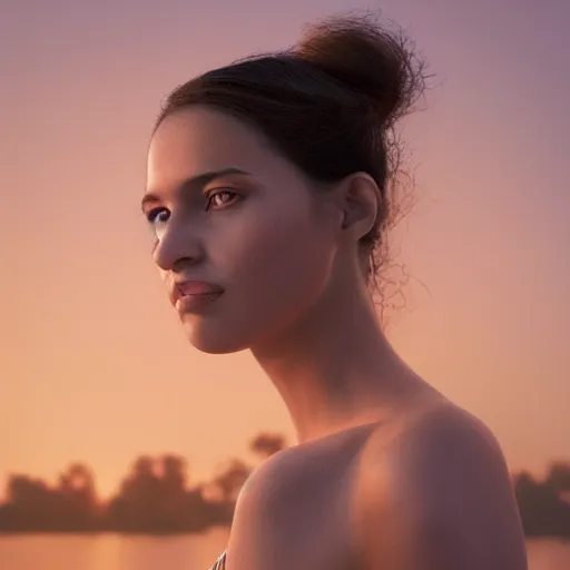 Image similar to portrait of a stunningly beautiful emotional female in soft light at sunset, depth of field, zeiss lens, detailed, symmetrical, centered, fashion photoshoot, by annie leibovitz and steve mccurry, david lazar, jimmy nelsson, breathtaking, 8 k resolution, extremely detailed, beautiful, establishing shot, artistic, hyperrealistic, beautiful face, octane render