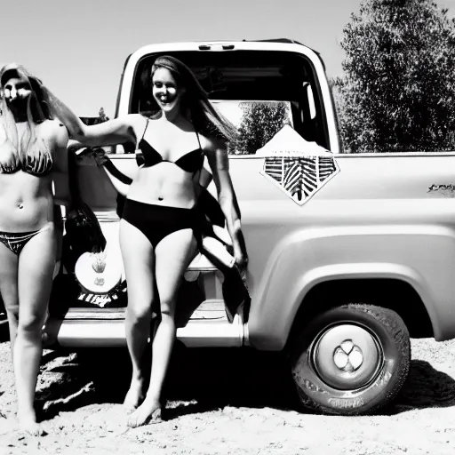 Image similar to photo of woman in the back of a pickup truck wearing bikinis drinking beer waving the american flag. sigmund freud is also in the back.