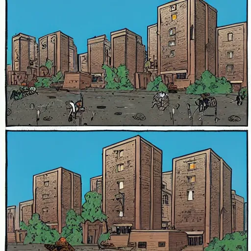 Image similar to brutalist polish neighborhood in the style of pushead and “ geoff darrow ” detailed widescreen