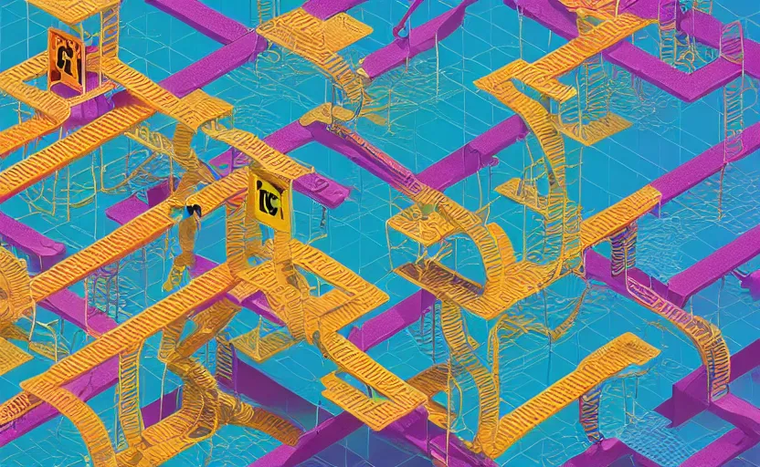 Prompt: chutes and ladders, centered award winning digital illustration, isometric illustration by beeple, edited by mc escher, detailed by raqib shaw, popsurrealism, symmetrically isometrically centered
