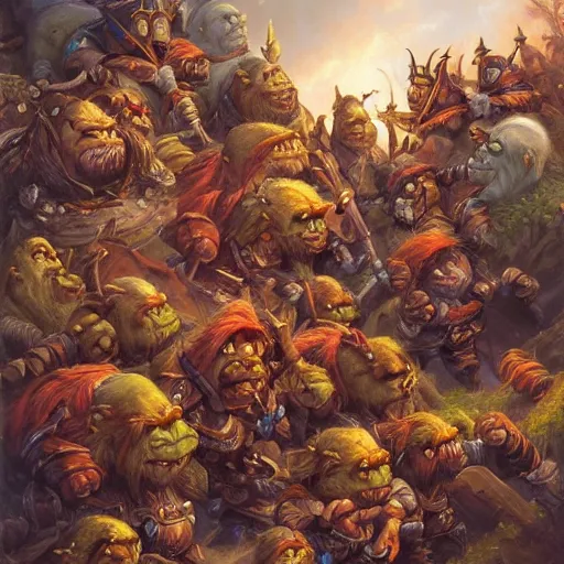 Image similar to battle of trolls orcs goblins dwarfs elves knights, oil painting by justin gerard, deviantart