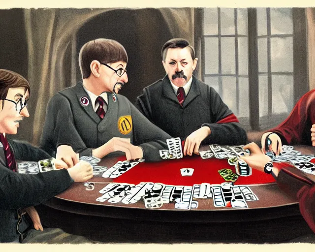 Prompt: daniel raddclife as harry potter and adolf hitler playing poker together, highly detailed, sharp focus, 8 k