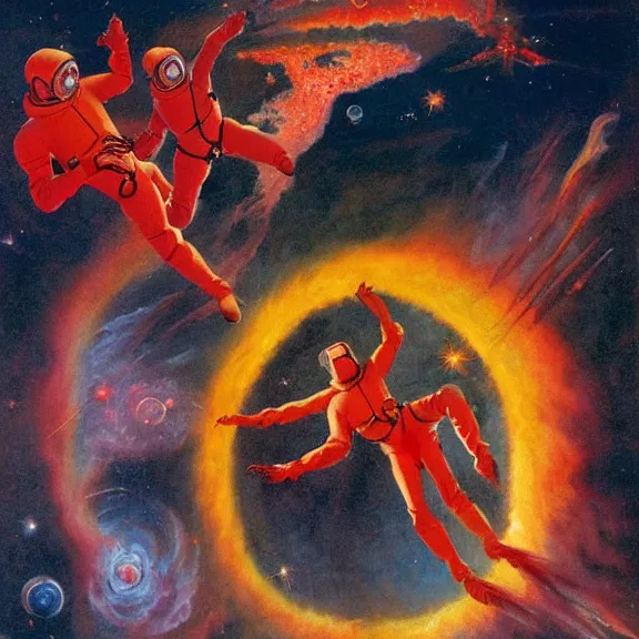 Prompt: two scientists wearing red hazmat suits freefalling into geometric nebula portal by frank frazetta