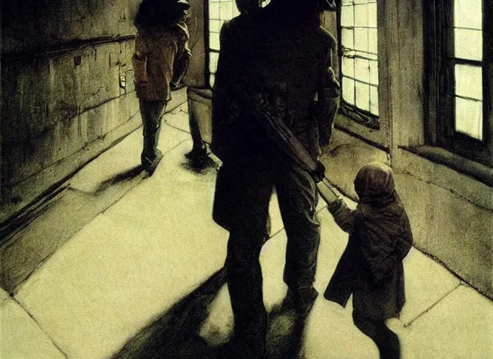 Image similar to dark alley with a poor child being arrested by a futuristic cop with children all around him, painting by andrew wyeth and alan lee, very detailed, somber mood,