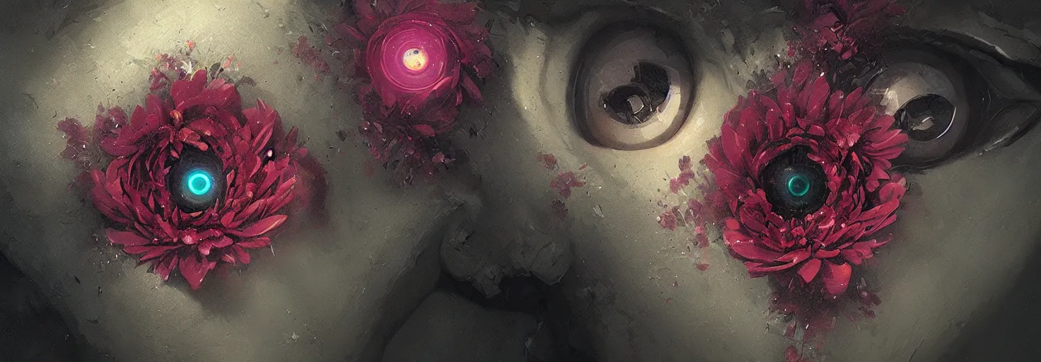 Prompt: close up of a beautiful flower with robot eyes in the middle by Greg rutkowski