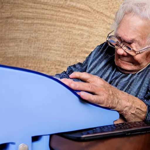 Prompt: coffin with elderly man who is browsing internet on laptop