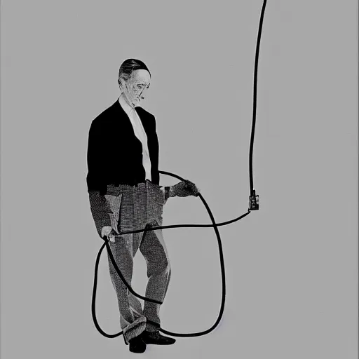 Image similar to a minimalist portrait of Marcel Duchamp holding computer cables in the style of Annie Leibovitz, Irving Penn, Hito Steyerl, Akira Kurosawa, Shinya Tsukamoto, line drawing and 35mm film, wide angle, monochrome, futuristic tetsuo