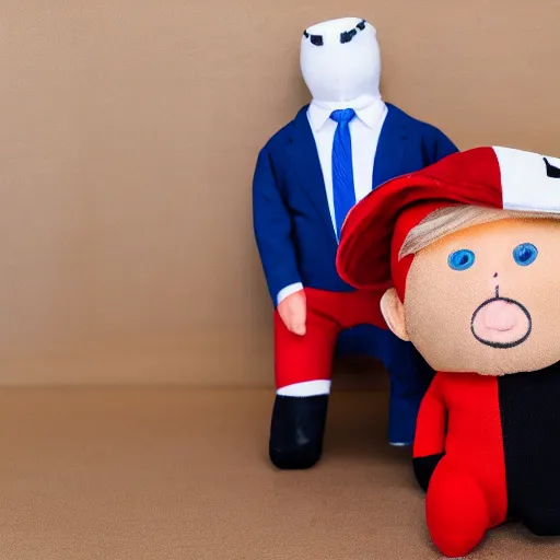 Image similar to donald trump as a plushy toy with prisoner clothes on