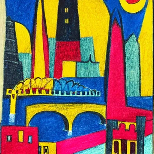 Image similar to bright, costume shocking by rufino tamayo. a beautiful drawing of a cityscape with tall spires & delicate bridges.