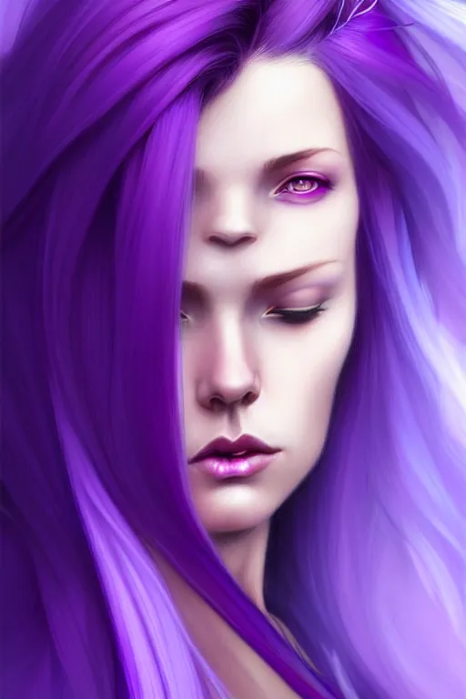 Image similar to Purple hair relistic Portrait of a woman with bright colored flying hair, all shades of purple. Hair coloring, long hair, blue eyes, fantasy, intricate, elegant, highly detailed, digital painting, artstation, concept art, smooth, sharp focus, illustration, art by artgerm and greg rutkowski and alphonse mucha