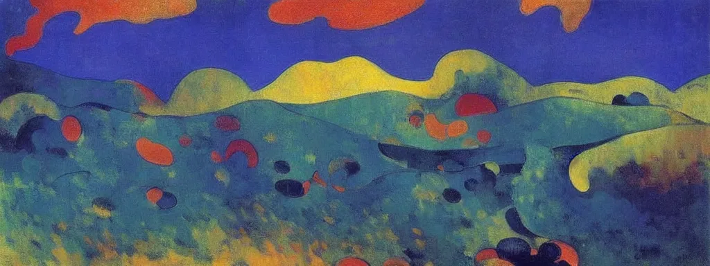 Image similar to An insane, modernist landscape painting. Wild energy patterns rippling in all directions. Curves, organic, zig-zags. Mountains, clouds. Rushing water. Waves. Psychedelic dream world. Ethereal. Odilon Redon. Andre Derain.