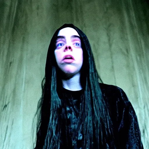 Image similar to found footage of Billie Eilish as the witch in The Blair Witch Project, movie still, horror