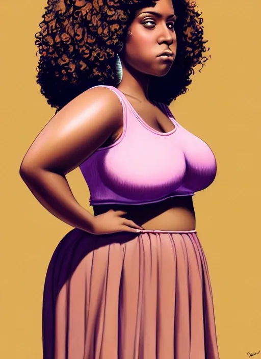 Image similar to full body portrait, teenage vanessa morgan, pink hair, brown skin, obese, curly pixie hair, sultry, realistic, short hair, hoop earrings, skirt, shirt, fat, belly, intricate, elegant, highly detailed, digital painting, artstation, concept art, smooth, sharp focus, illustration, art by wlop, mars ravelo and greg rutkowski