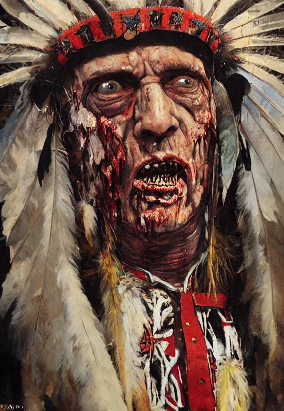 Image similar to close up portrait of zombie Pope Francis wearing a Native American Indian Feathered Headdress War Bonnet, dead redemption, by Adrian Ghenie