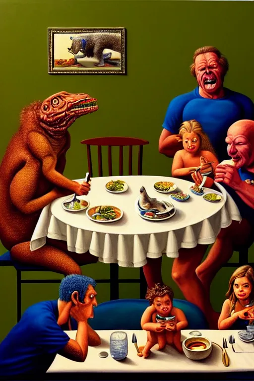 Image similar to a hyperrealistic painting of a chimeric creature sitting down at dinner table with happy suburban family on a sunday night while dad reads a newspaper, by chris cunningham and richard corben, highly detailed, vivid color,