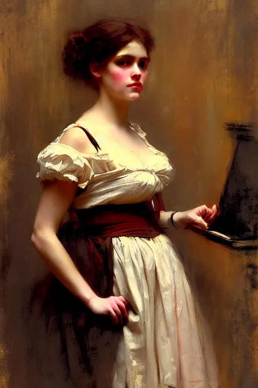 Image similar to soft colorsphotograph imax and solomon joseph solomon and richard schmid and jeremy lipking victorian loose genre loose painting full length portrait painting of pretty barmaid disney