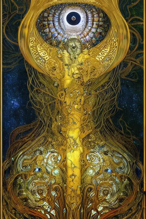 Image similar to Rebirth by Karol Bak, Jean Deville, Gustav Klimt, and Vincent Van Gogh, portrait of a sacred serpent, Surreality, radiant halo, shed iridescent snakeskin, otherworldly, fractal structures, celestial, arcane, ornate gilded medieval icon, third eye, spirals