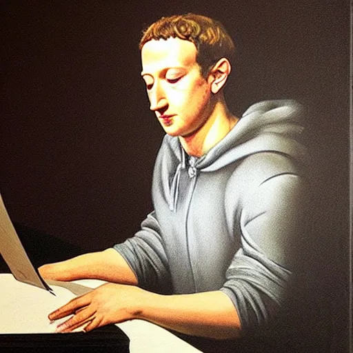 Image similar to mark zuckerberg alone sitting on a chair in the dark, paint by caravaggio, chiaroscuro