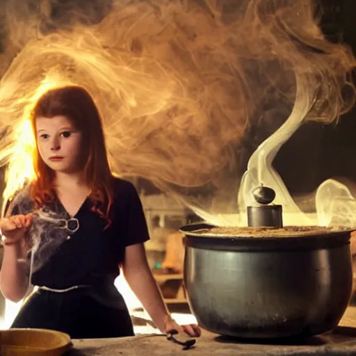 Prompt: teen witch mixing a spell in a cauldron, wispy smoke, studio lighting, a tabby cat watches her work, light is coming out of the cauldron, ingredients on the table, apothecary shelves in the background, still from the tv show just add magic