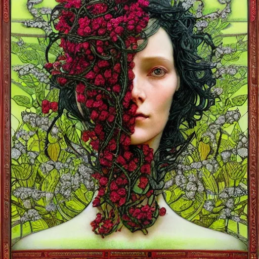Image similar to A colorful, detailed print - A portrait of a robot composed entirely of flowers and vines. by Arnold Bocklin and Barclay Shaw, masterful print. 4k, unreal engine stunning Art Nouveau