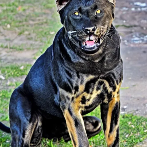 Prompt: a hybrid between a yellow lab and a panther, friendly but menacing