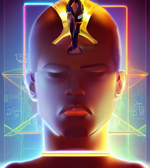 Image similar to symmetry!! egyptian prince of technology, solid cube of light, hard edges, product render retro - futuristic poster scifi, lasers and neon circuits, brown skin man egyptian prince, intricate, elegant, highly detailed, digital painting, artstation, concept art, smooth, sharp focus, illustration, dreamlike, art by artgerm