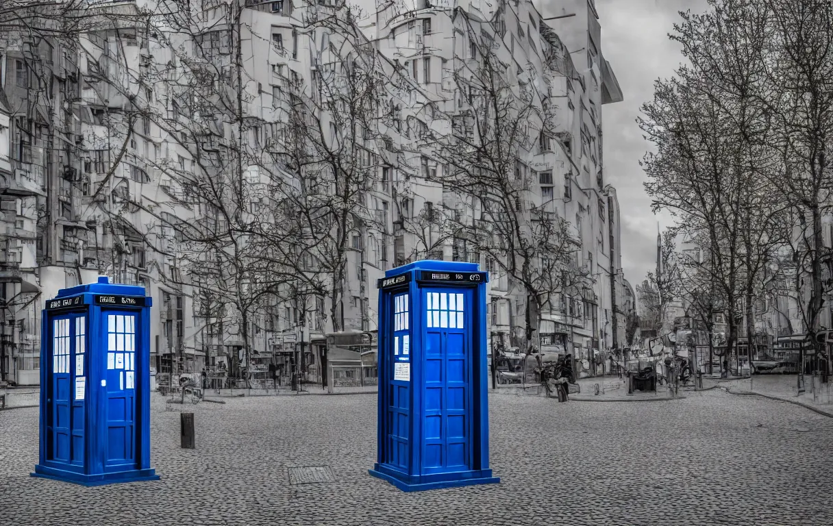 Prompt: the tardis on a street in berlin during 1 9 6 2, colour, highly detailed, photo, photorealistic, sharp focus, 4 k, hdr