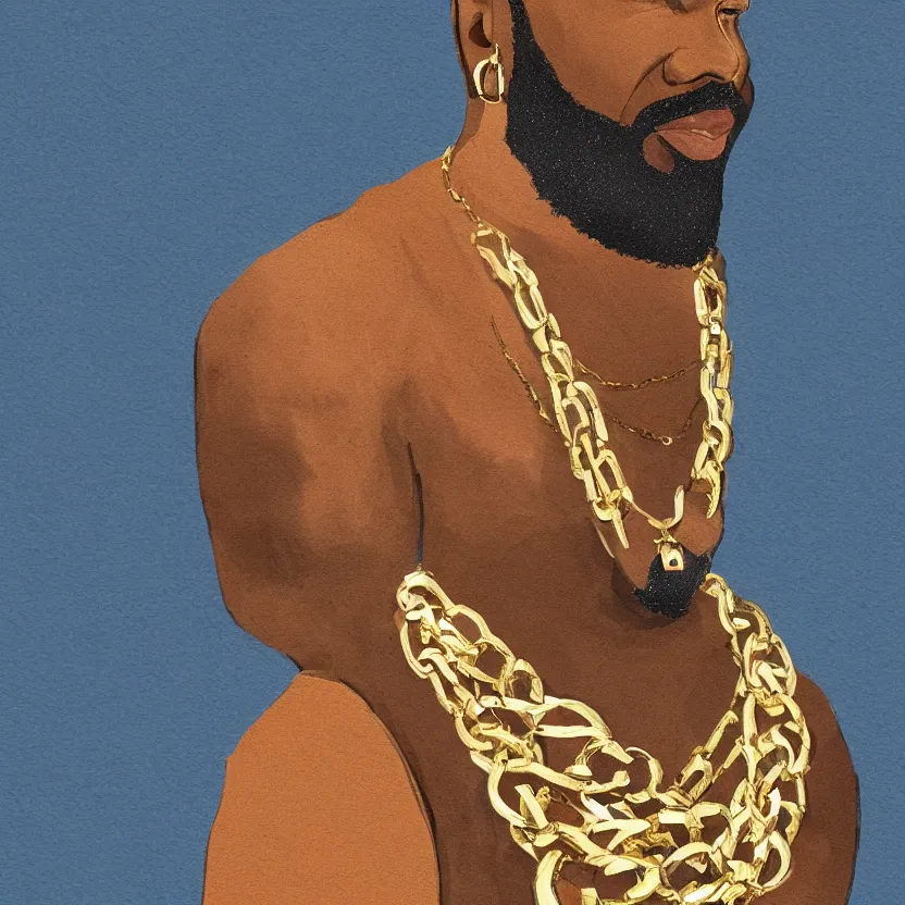 Image similar to mr. t, feather earrings, gold chains, stylized digital art