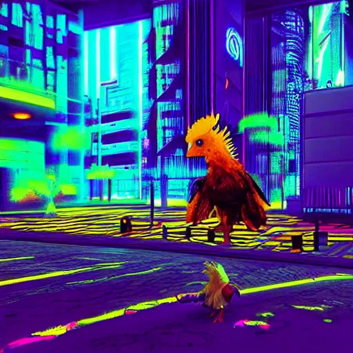 Image similar to “cyberpunk retrowave Chocobo tripping on LSD”