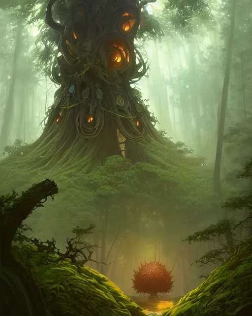 Image similar to forest of enormous trees surrounding a magical pod, deep focus, d & d, fantasy, intricate, elegant, highly detailed, digital painting, artstation, concept art, matte, sharp focus, illustration, hearthstone, art by greg rutkowski and alphonse mucha and andreas rocha