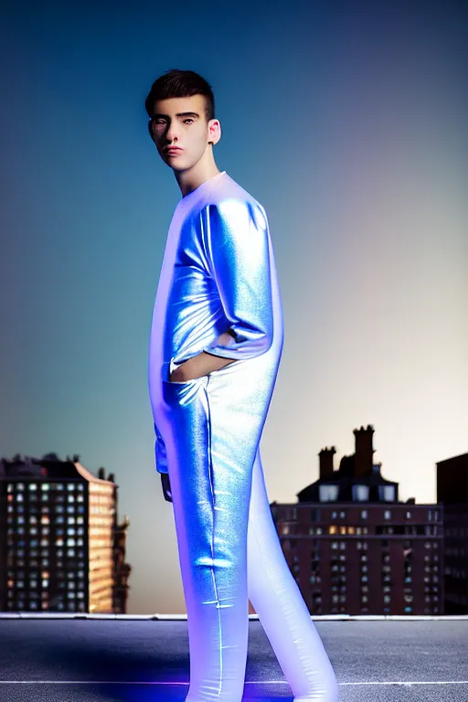 Image similar to un ultra high definition studio quality photographic art portrait of a young man standing on the rooftop of a british apartment building wearing soft baggy inflatable padded silver iridescent pearlescent clothing. three point light. extremely detailed. golden ratio, ray tracing, volumetric light, shallow depth of field. set dressed.