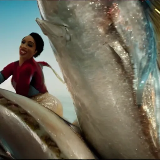 Prompt: cinematic shot of Cardi B riding on the back of a giant tuna fish in the ocean, bright lighting, 8k, very intricate, very detailed,