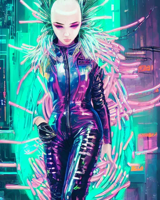 Image similar to detailed portrait Neon Operator Girl, cyberpunk futuristic neon, reflective catsuit, decorated with traditional Japanese ornaments by Ismail inceoglu dragan bibin hans thoma !dream detailed portrait Neon Operator Girl, cyberpunk futuristic neon, reflective puffy coat, decorated with traditional Japanese ornaments by Ismail inceoglu dragan bibin hans thoma greg rutkowski Alexandros Pyromallis Nekro Rene Maritte Illustrated, Perfect face, fine details, realistic shaded, fine-face, pretty face