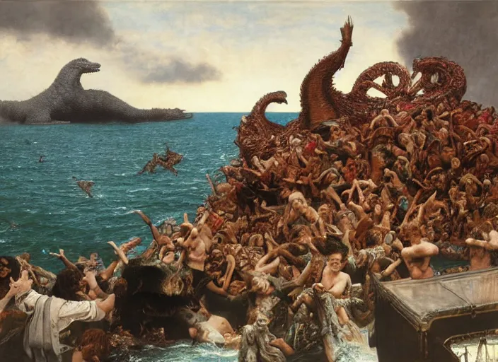 Image similar to godzilla attacking the raft of the medusa, painting by lawrance alma - tadema, by roger corman, 4 k, hyper - realistic, highly detailed