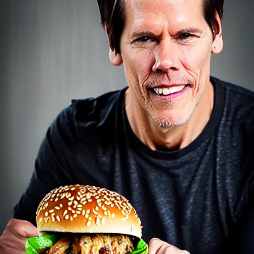 Image similar to kevin bacon portrait eating bacon burger soda fries, award winning food photography