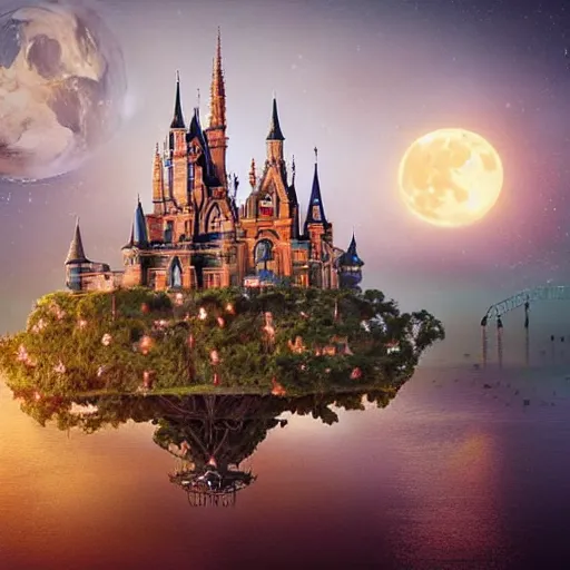 Prompt: the disney castle surrounded by giant palm trees on a giant floating island in the sky at night, a huge moon above the island illuminates the sky, cinematic, digital art by erik johansson, 8 k resolution, hyper detailed, hyper realistic, sharp focus