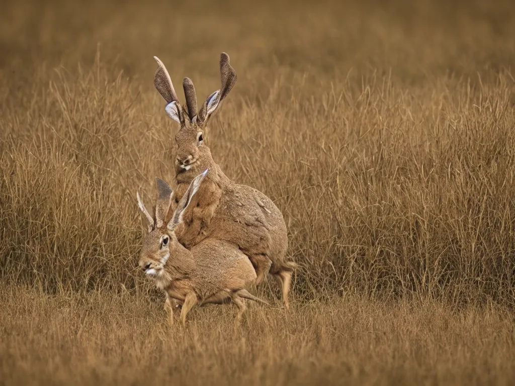 Prompt: a photograph of a jackalope grazing in a field, by national geographic, ultra real, 8 k, high resolution, golden hour, depth of field, nature photography