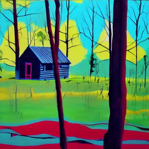 Image similar to a painting of a eerie cabin in the middle of the woods in the style of warhol