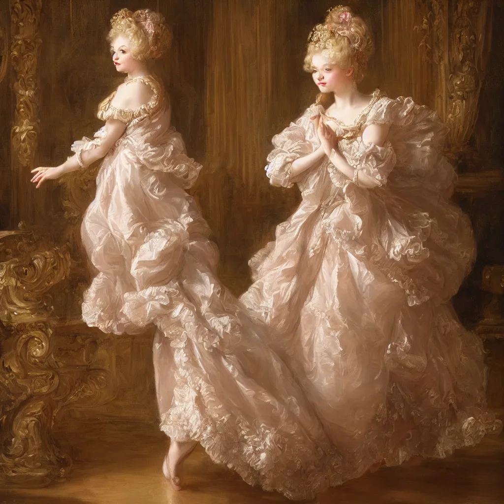 Prompt: a young girl with blond hair danced in the splendid palace, palace dance, dress in the style of rococo, dreamy, romantic, night lighting, highly detailed, expressive impressionist style, 8 k